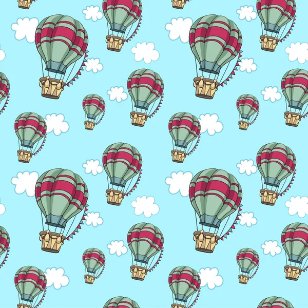 Horkovzdušné balóny na obloze. Bezproblémové cestování vzor. — Stockový vektor