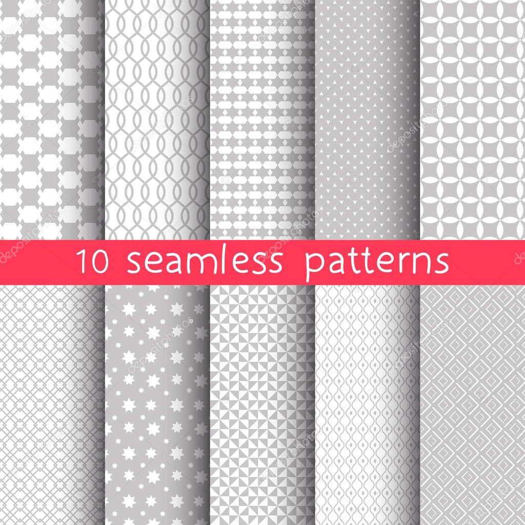 10 Light grey seamless patterns for universal background. Grey and white colors. Endless texture can be used for wallpaper, pattern fill, web page background.  Vector illustration for web design.