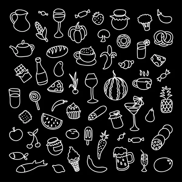 Set van 55 pictogrammen op het thema van voedsel, verschillende gerechten en keukens — Stockvector