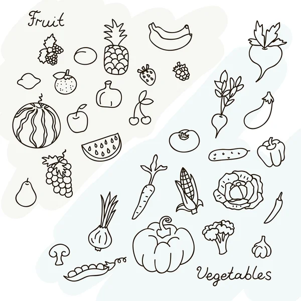 Vektor illustration av frukt och grönsaker samling i svart och vitt — Stock vektor