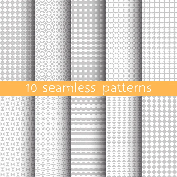 10 Light grey seamless patterns for universal background. Grey and white colors. Endless texture can be used for wallpaper, pattern fill, web page background. Vector illustration for web design. — Stock Vector