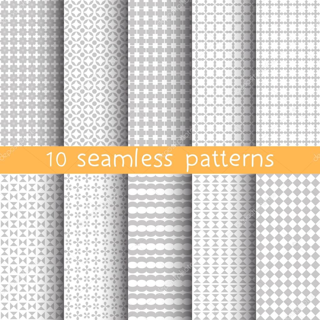 10 Light grey seamless patterns for universal background. Grey and white colors. Endless texture can be used for wallpaper, pattern fill, web page background. Vector illustration for web design.