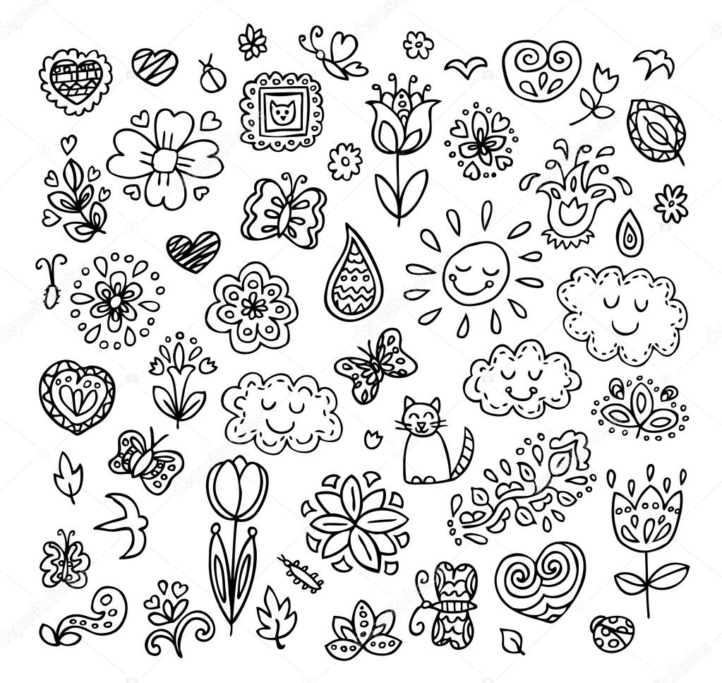 Spring doodles set. Hand draw flowers, sun, clouds, butterflies. Season of the blossom, illustration, cute background.