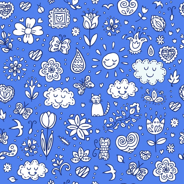 Doodles da Primavera prontos. Mão desenhar flores, sol, nuvens, borboletas. Estação da flor, ilustração, fundo bonito . — Vetor de Stock