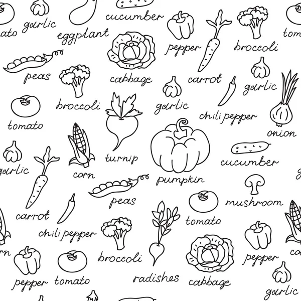 Vector pattern of seamless background with vegetables. Vector hand drawn doodle background. — Stock Vector