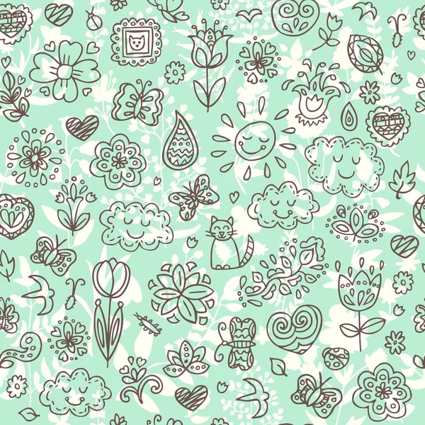 Voorjaar doodles set. Hand tekent vlinders, bloemen, zon, wolken. Seizoen van de bloesem, illustratie, leuke achtergrond. — Stockvector