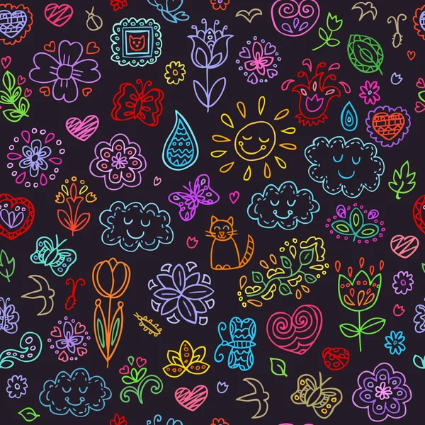 Frühlingsgekritzel gesetzt. Hand zeichnen Blumen, Sonne, Wolken, Schmetterlinge. Jahreszeit der Blüte, Illustration, niedlicher Hintergrund. — Stockvektor