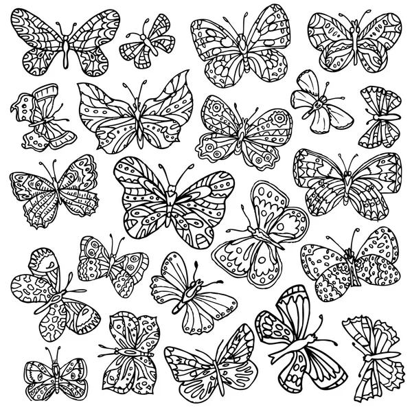 Ensemble vectoriel de papillons. Papillons décorés dessinés à la main isolés sur fond blanc . — Image vectorielle