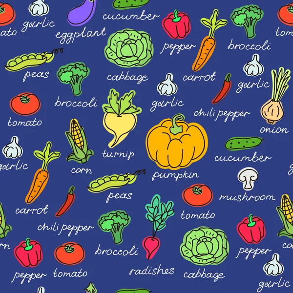 Vector pattern of seamless background with vegetables. Vector hand drawn doodle background. — Stock Vector