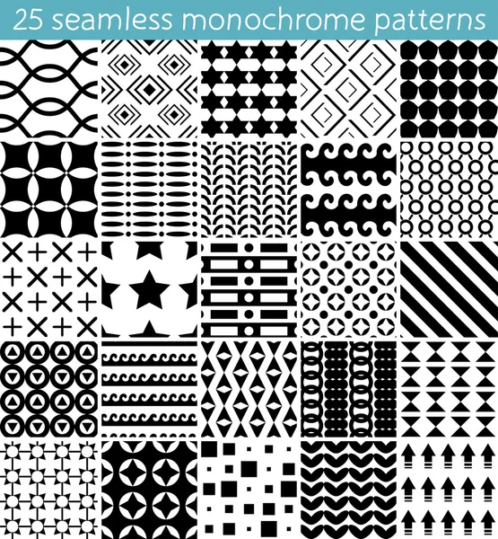 25 のシームレスな白黒パターン。ベクターのシームレスなパターン。無限テクスチャ布、紙やスクラップ予約、壁紙、パターンの塗りつぶし、web ページの背景、表面テクスチャの上に印刷されます。. — ストックベクタ