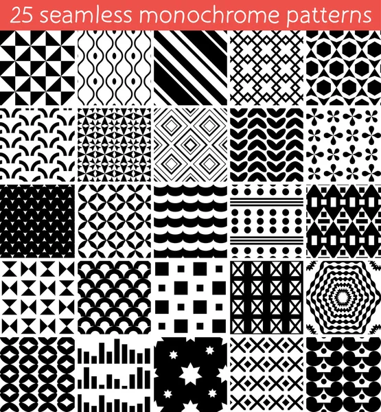 25 seamless monochrome pattern. Vector seamless pattern. Endless texture can be used for printing onto fabric, paper or scrap booking, wallpaper, pattern fills, web page background, surface texture. — Stock Vector