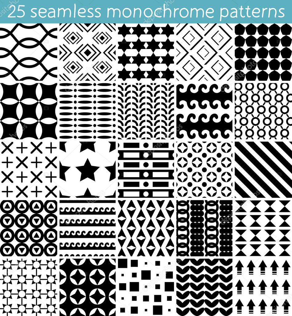25 seamless monochrome pattern. Vector seamless pattern. Endless texture can be used for printing onto fabric, paper or scrap booking, wallpaper, pattern fills, web page background, surface texture.