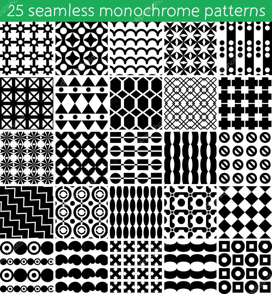 25 seamless monochrome pattern. Vector seamless pattern. Endless texture can be used for printing onto fabric, paper or scrap booking, wallpaper, pattern fills, web page background, surface texture.