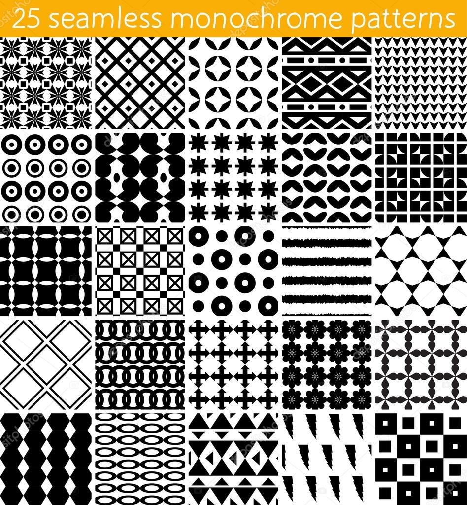 25 seamless monochrome pattern. Vector seamless pattern. Endless texture can be used for printing onto fabric, paper or scrap booking, wallpaper, pattern fills, web page background, surface texture.