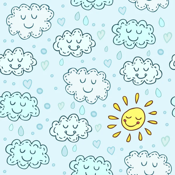 Blue seamless pattern with cute clouds and sun. Childrens shiny background. Endless texture can be used for wallpaper, pattern fills, web page background, surface texture. — Stock Vector