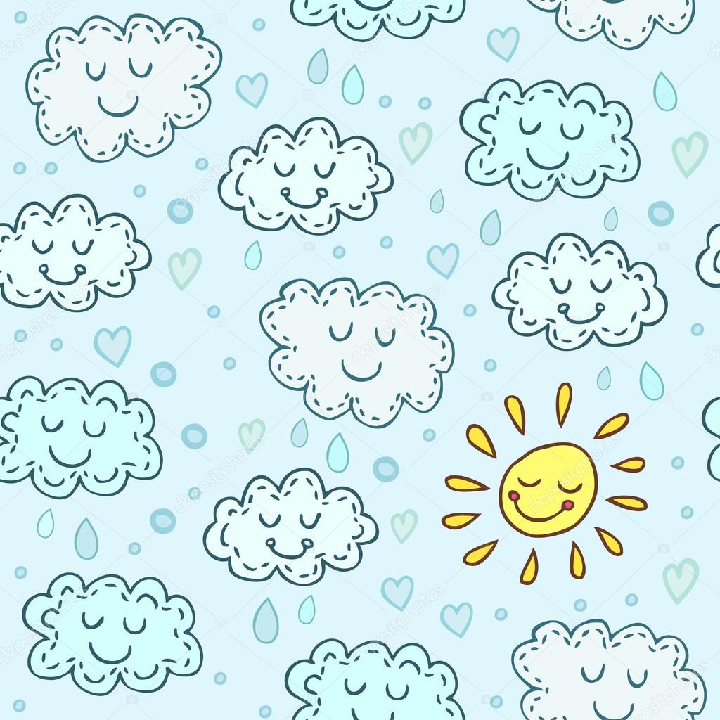 Blue seamless pattern with cute clouds and sun. Childrens shiny background. Endless texture can be used for wallpaper, pattern fills, web page background, surface texture.