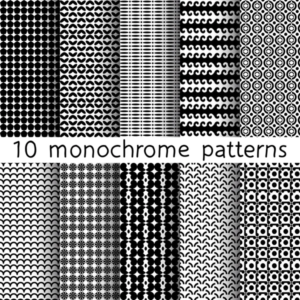 10 padrões monocromáticos sem costura para fundo universal. Cores preto e branco. Textura infinita pode ser usado para papel de parede, preenchimento padrão, fundo da página web. Ilustração vetorial para web design . — Vetor de Stock