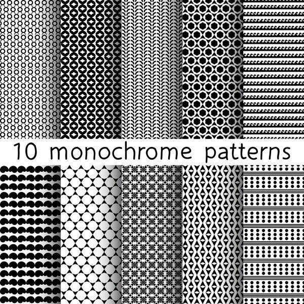 10 monochrome seamless patterns for universal background. Black and white colors. Endless texture can be used for wallpaper, pattern fill, web page background. Vector illustration for web design.