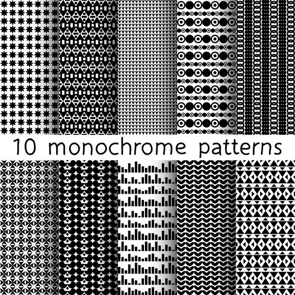10 монохромных бесшовных узоров для универсального фона. Черно-белые цвета. Бесконечная текстура может быть использована для обоев, заполнения шаблонов, фона веб-страницы. Векторная иллюстрация для веб-дизайна
.