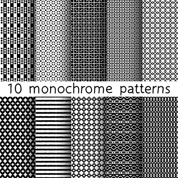 10 monokrom seamless mönster för allmän bakgrund. Svarta och vita färger. Ändlösa konsistens kan användas för tapeter, mönsterfyllning, webbsidans bakgrund. Vektor illustration för webbdesign. — Stock vektor