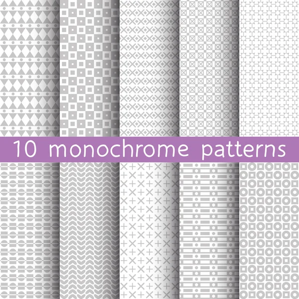 10 Monochroom naadloze patronen voor universele achtergrond. Grijze en witte kleuren. Eindeloze textuur kan worden gebruikt voor behang, patroonvulling, webpagina-achtergrond. Vectorillustratie voor webdesign. — Stockvector