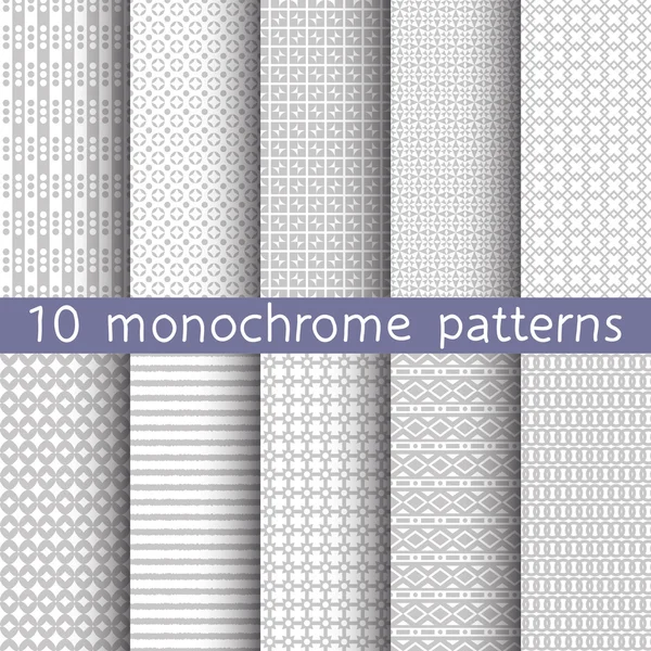 10 monochrome seamless patterns for universal background. Gray and white colors. Endless texture can be used for wallpaper, pattern fill, web page background. Vector illustration for web design. — Stock Vector