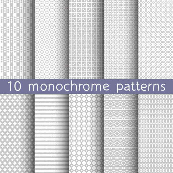 10 монохромных бесшовных узоров для универсального фона. Серо-белые цвета. Бесконечная текстура может быть использована для обоев, заполнения шаблонов, фона веб-страницы. Векторная иллюстрация для веб-дизайна
.