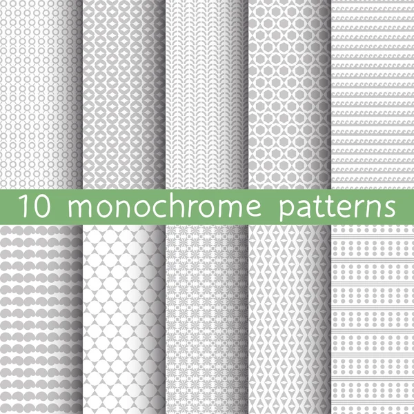 10 monokrom seamless mönster för allmän bakgrund. Grå och vita färger. Ändlösa konsistens kan användas för tapeter, mönsterfyllning, webbsidans bakgrund. Vektor illustration för webbdesign. — Stock vektor