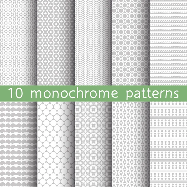 10 patrones monocromáticos sin costura para el fondo universal. Colores gris y blanco. Textura sin fin se puede utilizar para el papel pintado, relleno de patrones, fondo de página web. Ilustración vectorial para diseño web . — Vector de stock