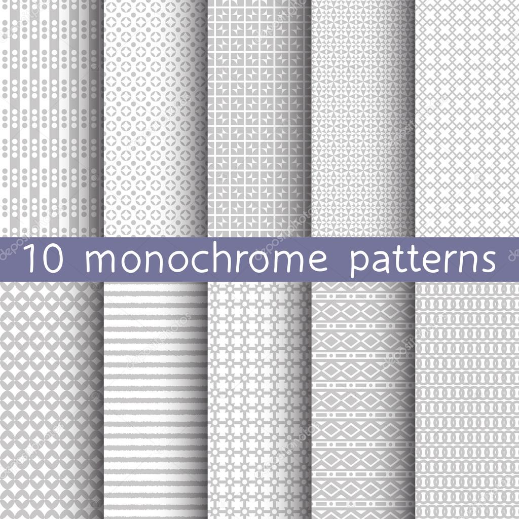 10 monochrome seamless patterns for universal background. Gray and white colors. Endless texture can be used for wallpaper, pattern fill, web page background. Vector illustration for web design.