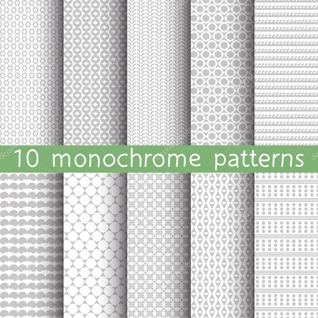 10 monochrome seamless patterns for universal background. Gray and white colors. Endless texture can be used for wallpaper, pattern fill, web page background. Vector illustration for web design.