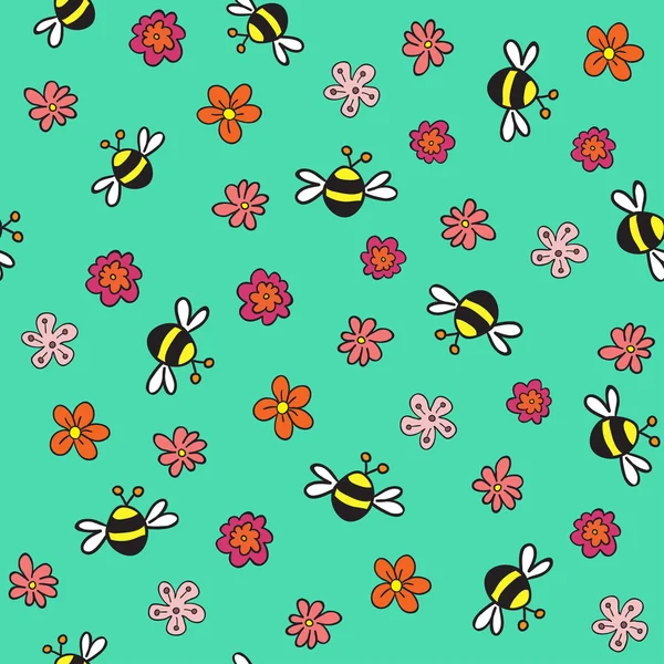 蜂と花のシームレスなパターン — ストックベクタ