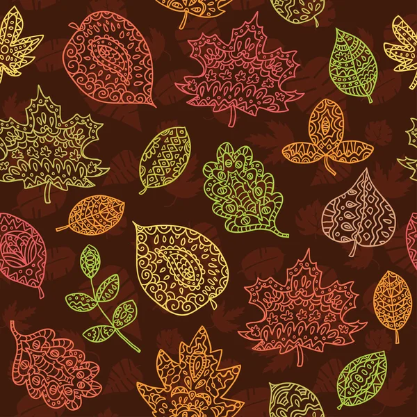Doodle textured leaves seamless pattern — Stock Vector
