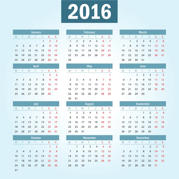 Calendrier vectoriel européen simple 2016 année — Image vectorielle