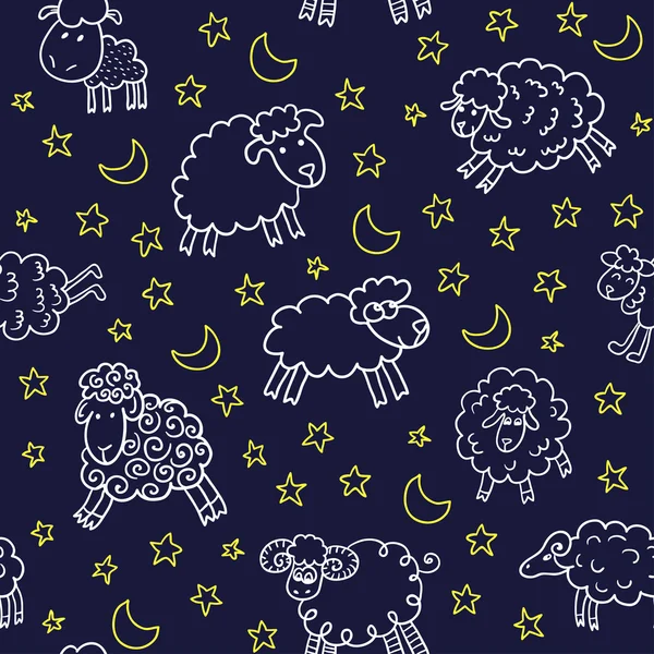 Modèle sans couture avec des moutons dans la nuit — Image vectorielle