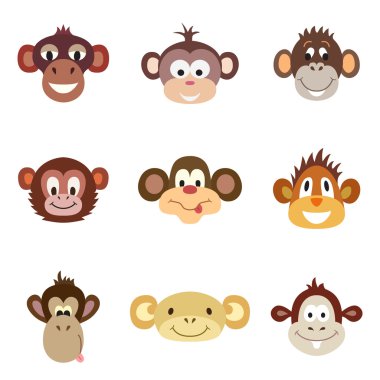 Komik sevimli maymun kümesi. Hayvan portre. Vektör çizim