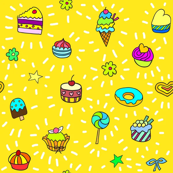 The seamless vector pattern with hand drawn sweets for your design. Can be used for wrapping paper, scrap booking, web site background, greeting cards. — Stock Vector