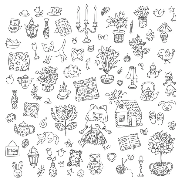 Home sweet home. Set of hand drawn vector home interior doodles. Black and white colors. — Stock Vector