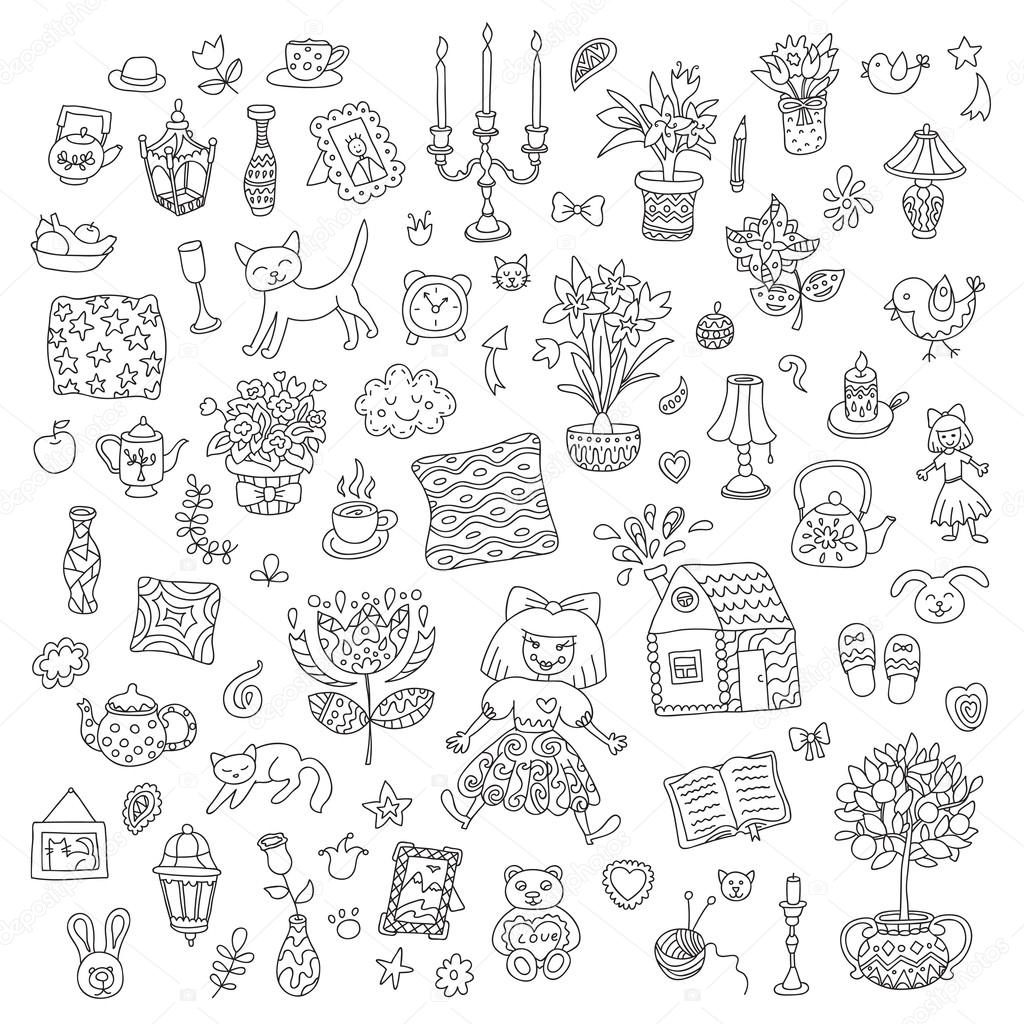 Home sweet home. Set of hand drawn vector home interior doodles. Black and white colors.