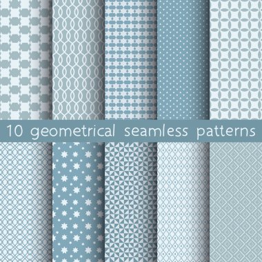 10 farklı vektör Dikişsiz desen. Mavi geometrik süsler kümesi. Duvar kağıdı, desen dolgularını, web sayfası arka planı, yüzey dokuları için sonsuz doku-ebilmek var olmak kullanılmış.