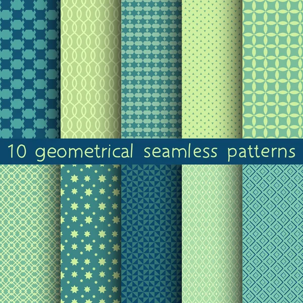 10 diferentes padrões sem emenda vetor. Conjunto de ornamentos geométricos verdes. Textura infinita pode ser usado para papel de parede, preenchimento padrão, fundo da página web, texturas de superfície . — Vetor de Stock