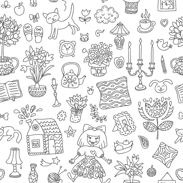 Home sweet home. Naadloze vector patroon met home interieur doodles. Mooie vector design. — Stockvector