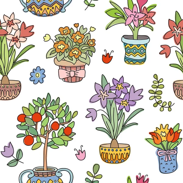 Seamless pattern doodle plants in pots. Colorful Illustration, floral background. — 스톡 벡터