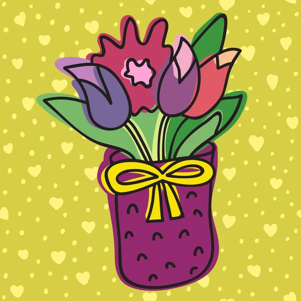 Flor de primavera em vaso, isolado no fundo com corações, ilustração vetorial. Design de vetor bonito . — Vetor de Stock