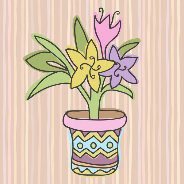 Fiore di primavera in vaso, isolato sullo sfondo con strisce, illustrazione vettoriale. Bellissimo design vettoriale . — Vettoriale Stock