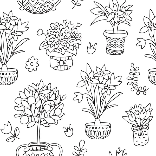 Modèle sans couture plantes gribouillis dans des pots, fond floral. Belle conception vectorielle . — Image vectorielle