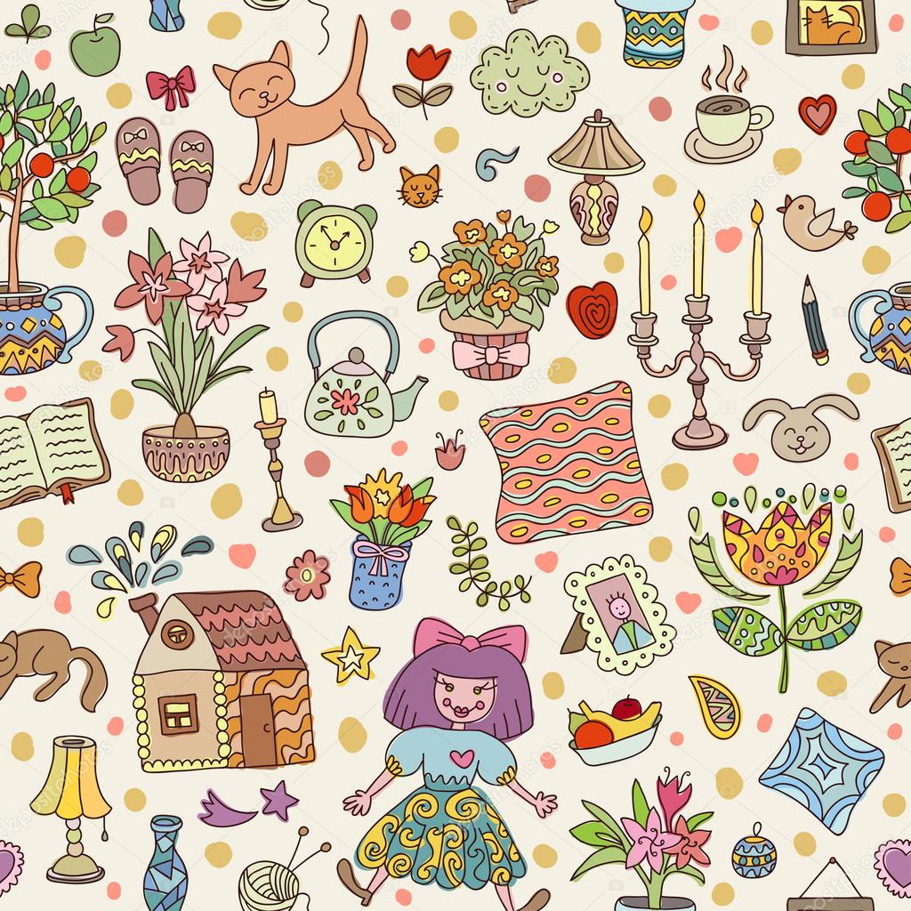 Home sweet home. Seamless vector pattern with home interior doodles. Beautiful vector design.