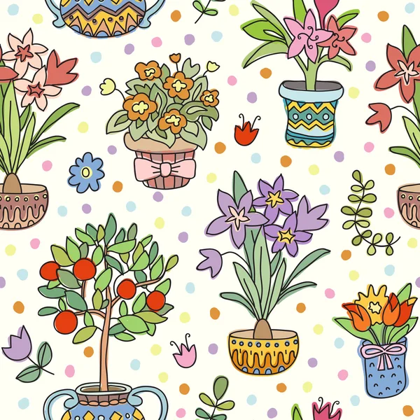 Seamless pattern doodle plants in pots. Colorful Illustration, floral background. Beautiful vector design. — Stok Vektör