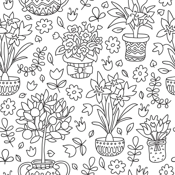 Padrão sem costura doodle plantas em vasos, fundo floral. Design de vetor bonito . — Vetor de Stock