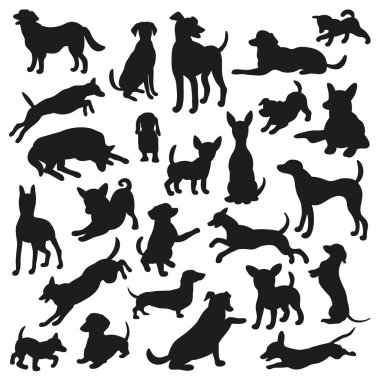 Köpek siluet kümesi. 25 vektör siluet topluluğu. Güzel vektör tasarımı.